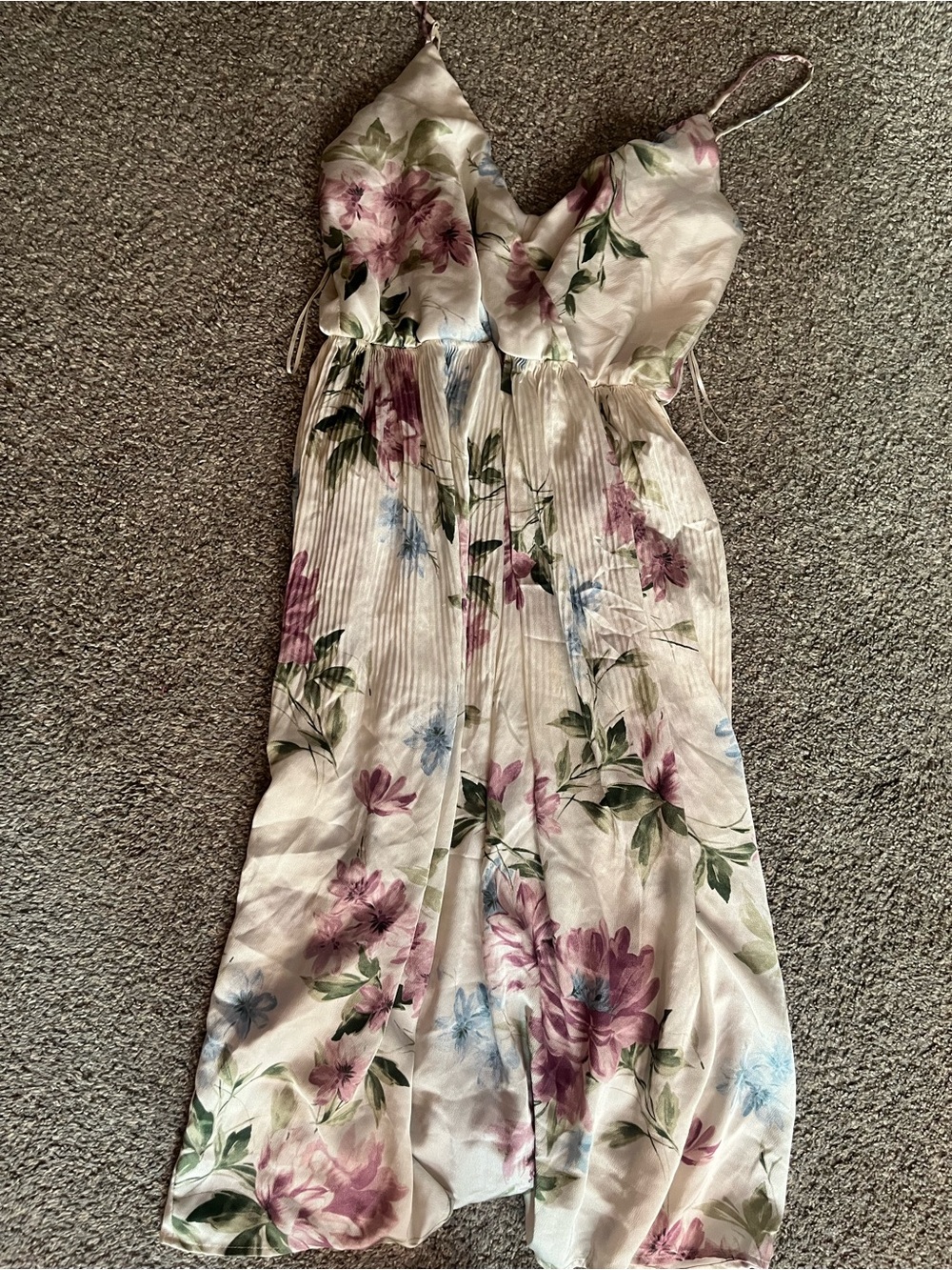 Floral Pleated Midi Dress with Spaghetti Straps - Pink Floral